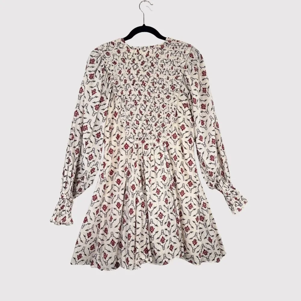 ZARA Mini Dress Beige Floral Puff Sleeve V Neck Lace Up Ruffle A Line Boho XS